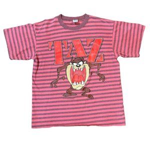Vintage Looney Tunes Striped Velva Single Stitch Taz Red Mens Short Sleeve XL